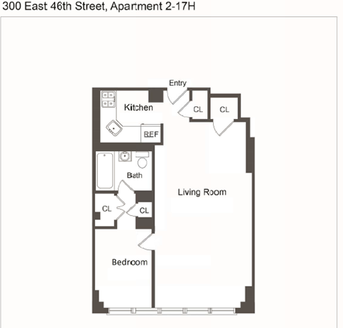 Floor plan for 1 bed, 1 bath, 533 sqft